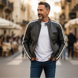 Y2K Max Rider Black Leather Moto Jacket – Racing Stripe – Size L